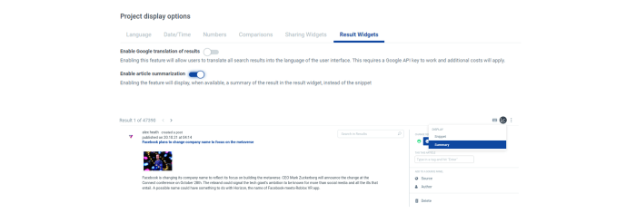 Now you can choose between seeing snippets or Abstractive Summarization for your results, within your project display settings.